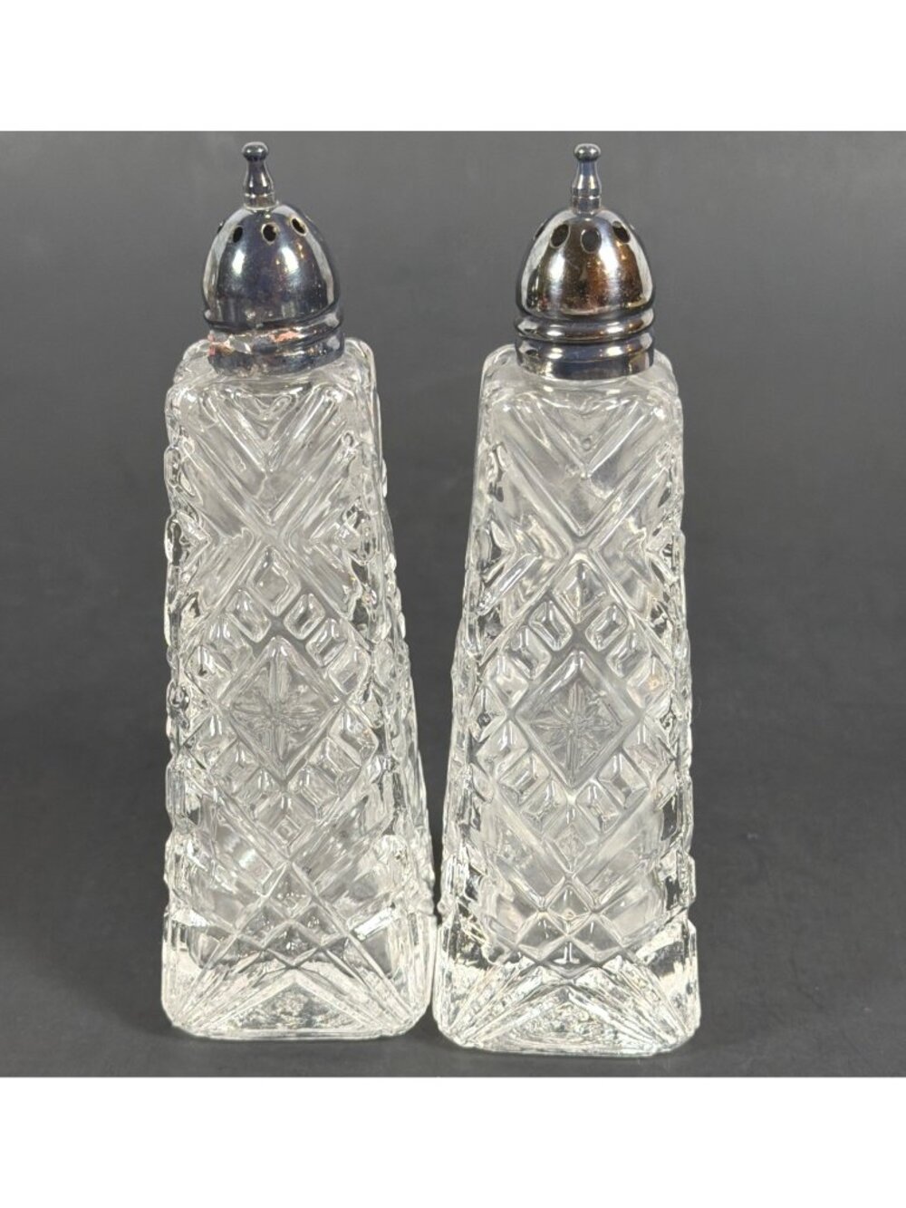 VTG 50s Crystal Salt Pepper Shakers Heavy Cut Glass Diamond Pattern AS IS Parts - Picture 14 of 14